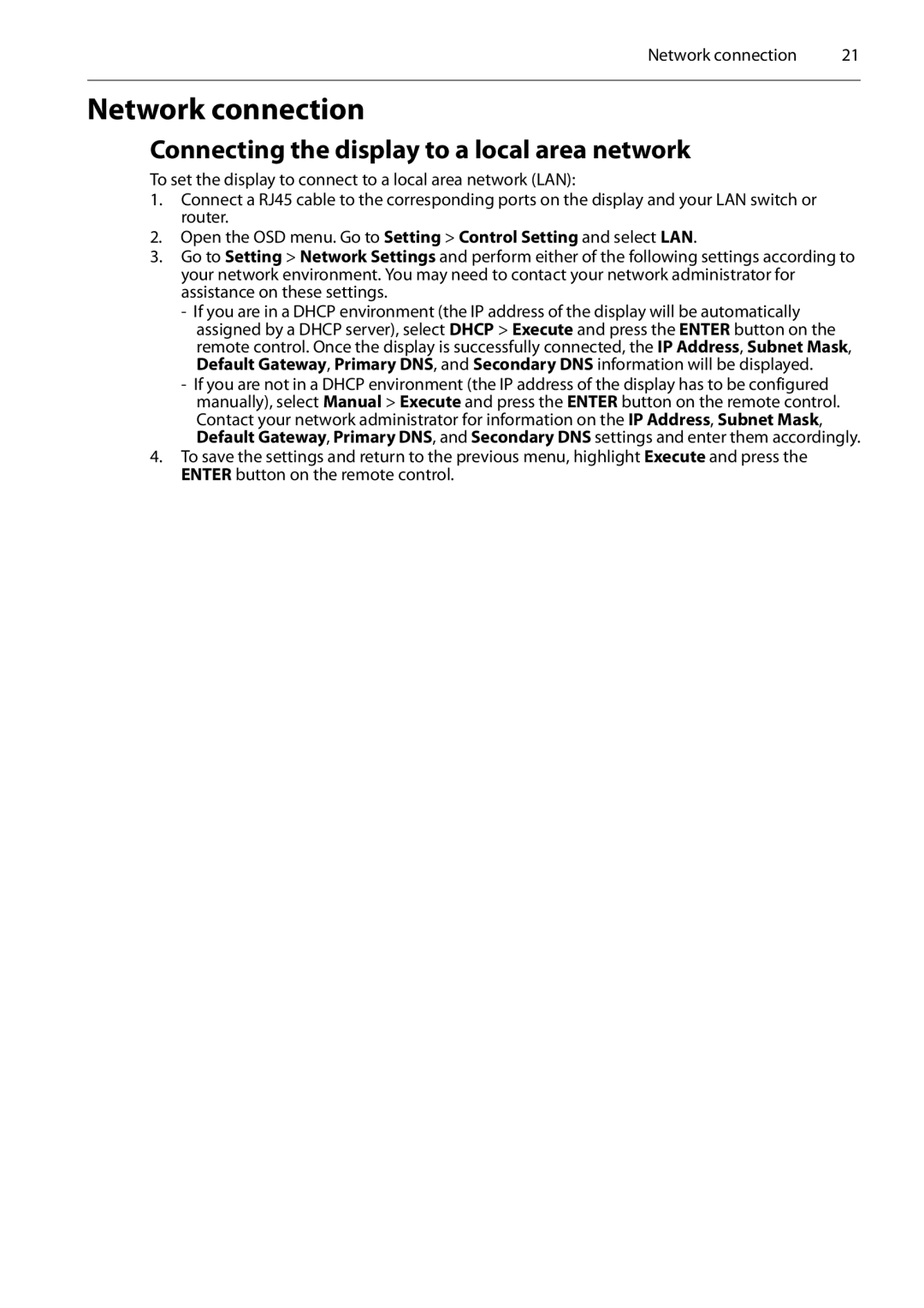 Planar PS4652/PS5552/PS6552 manual Network connection, Connecting the display to a local area network 