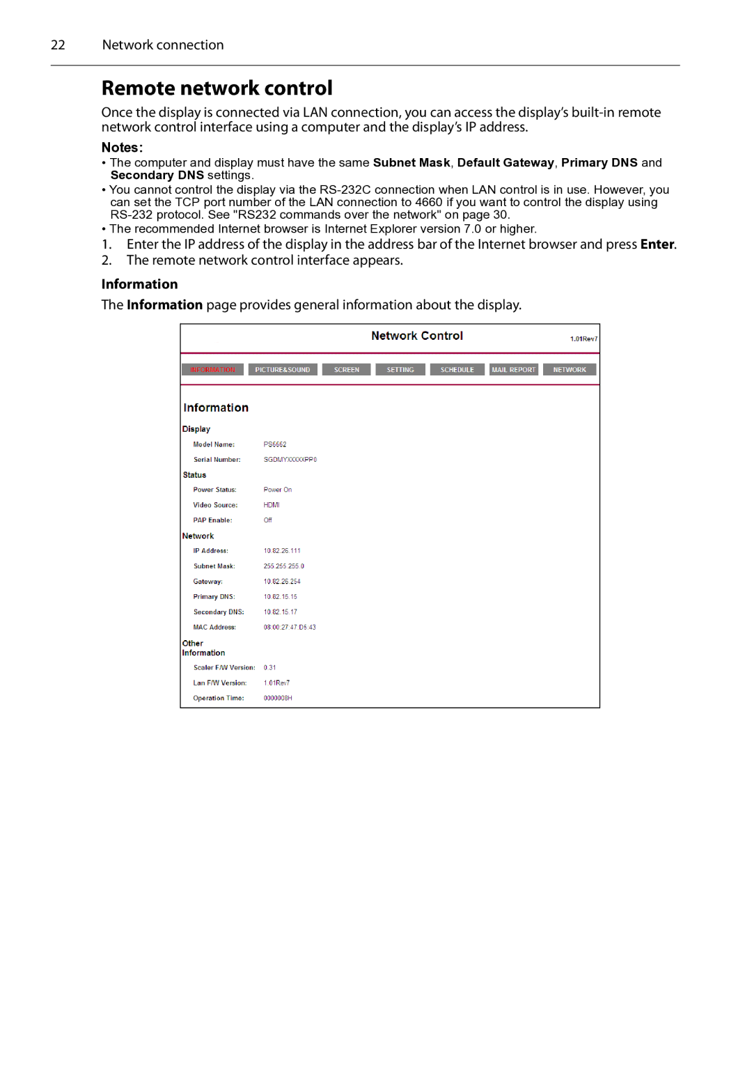 Planar PS4652/PS5552/PS6552 manual Remote network control, Information 