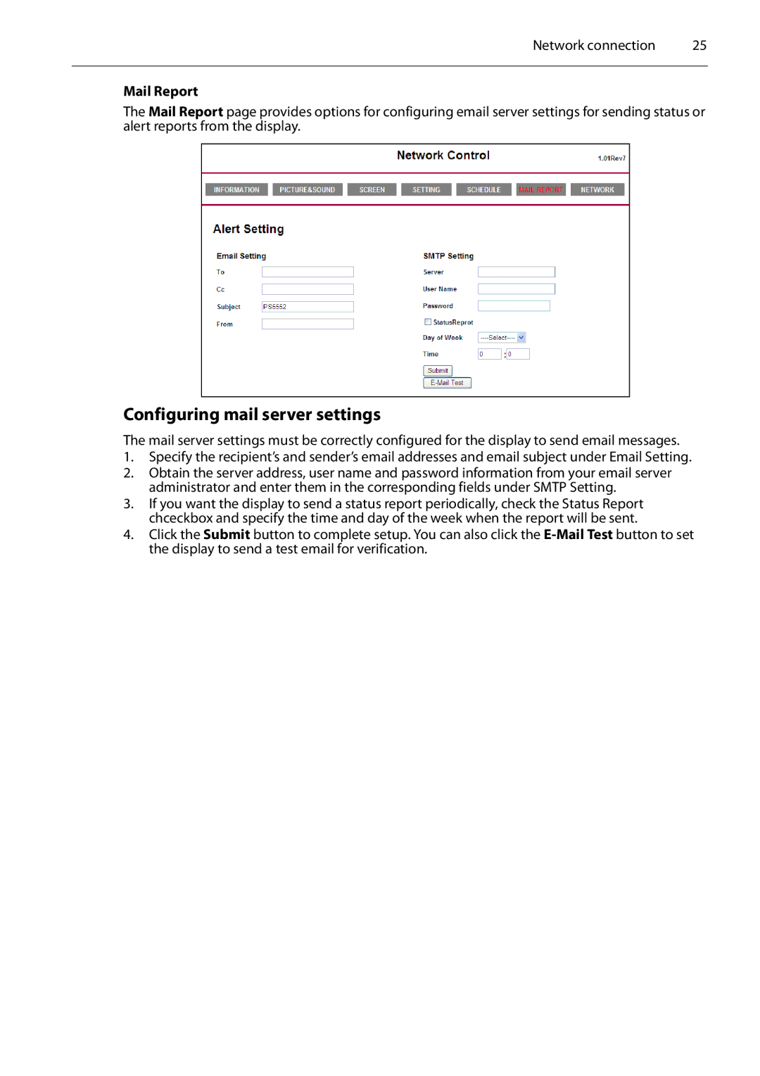 Planar PS4652/PS5552/PS6552 manual Configuring mail server settings, Mail Report 