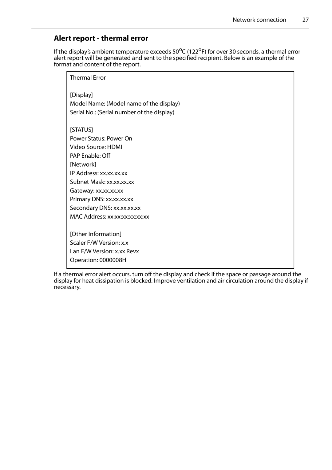 Planar PS4652/PS5552/PS6552 manual Alert report thermal error 