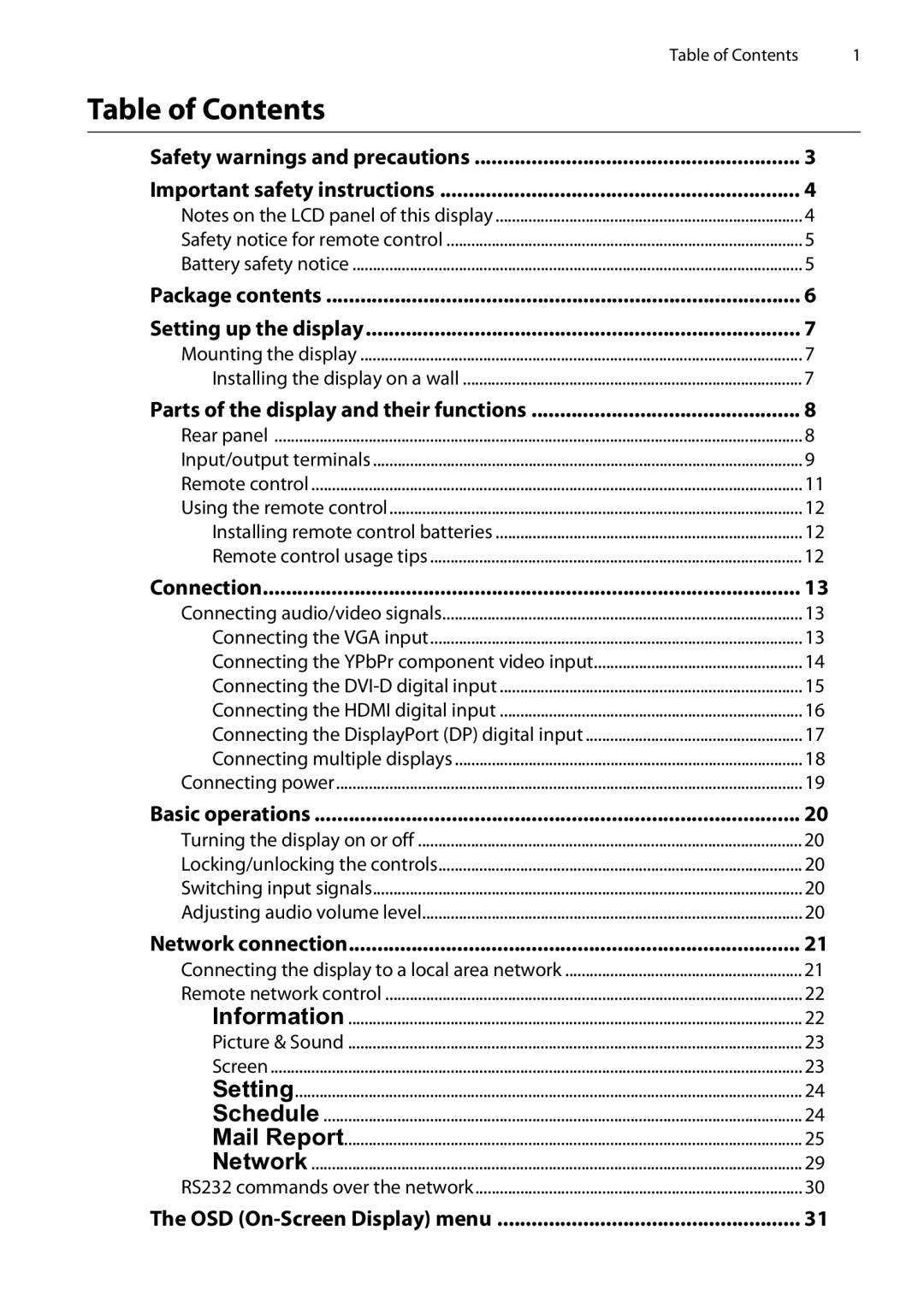 Planar PS4652/PS5552/PS6552 manual Table of Contents 