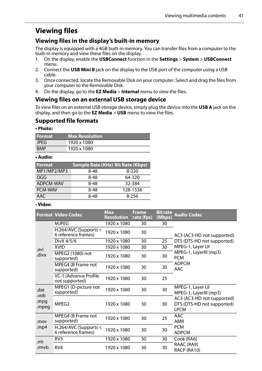 Planar PS4652/PS5552/PS6552 manual Viewing files in the display’s built-in memory, Supported file formats 