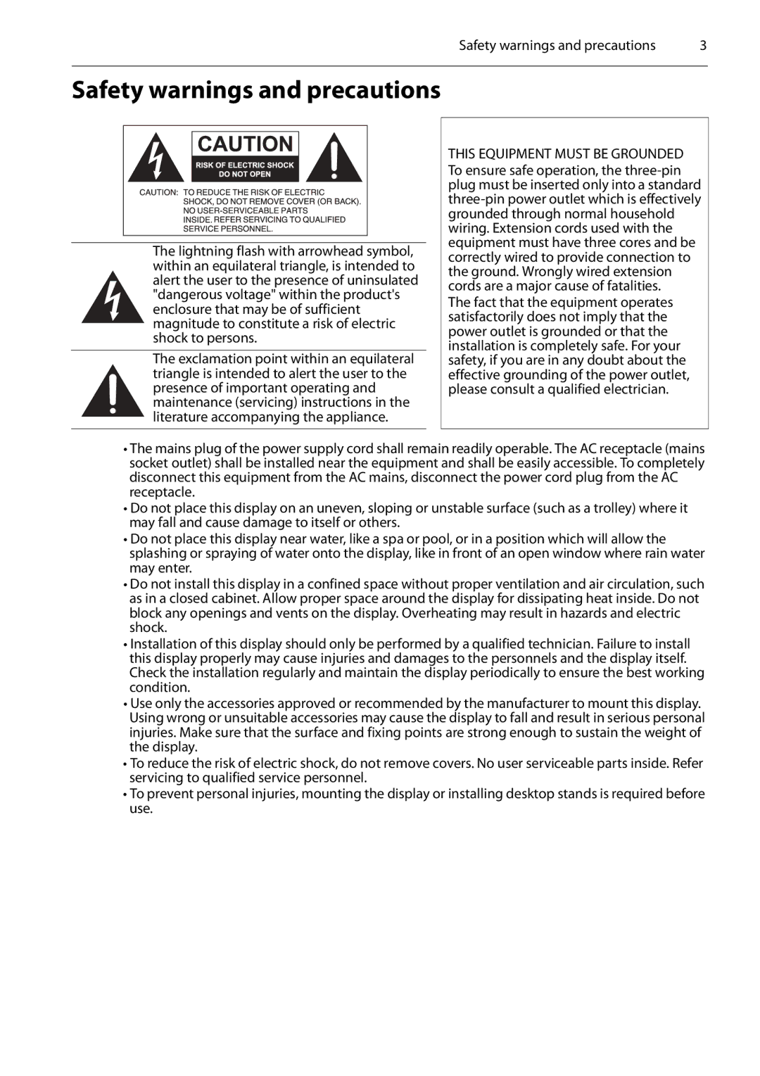 Planar PS4652/PS5552/PS6552 manual Safety warnings and precautions 