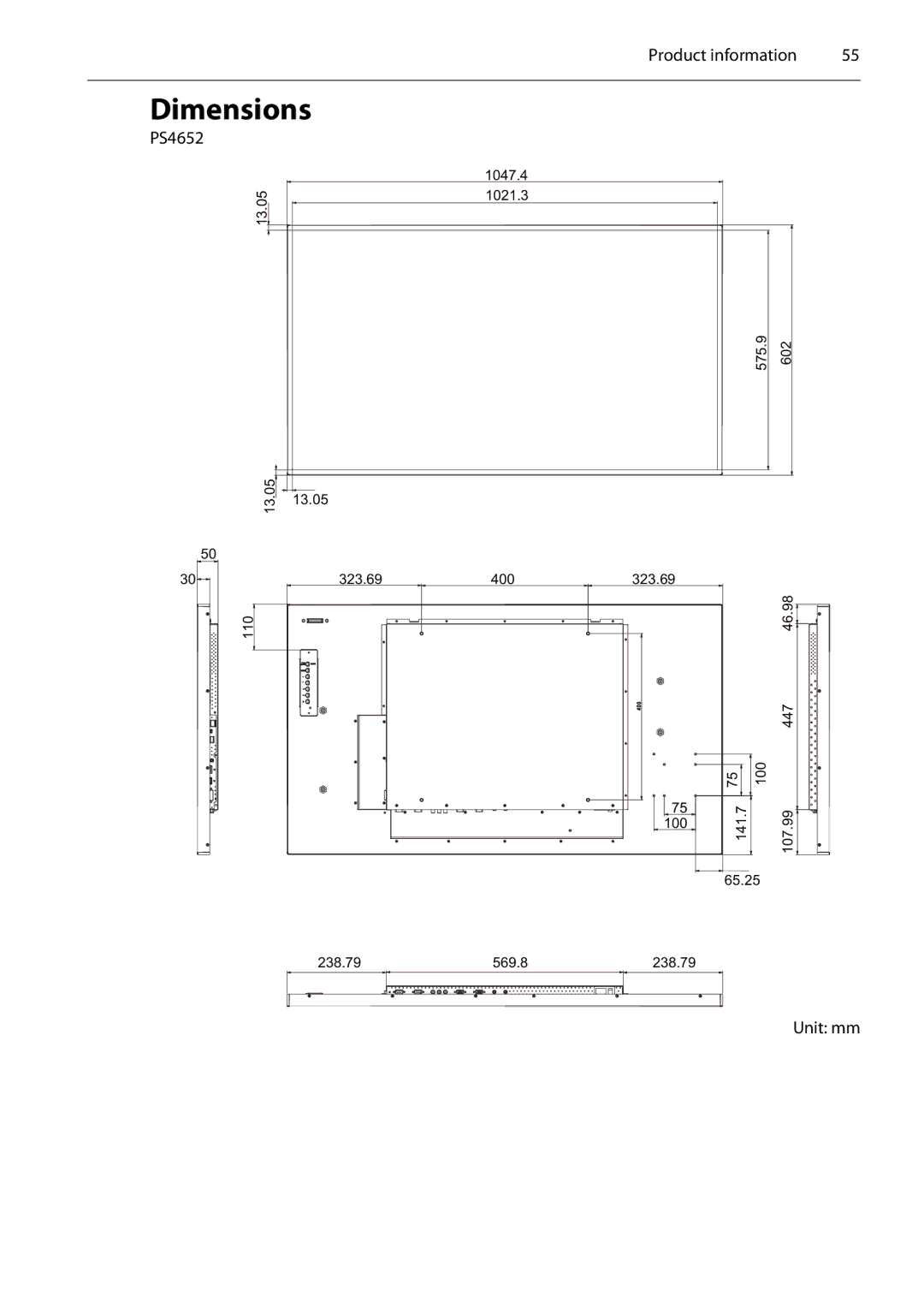 Planar PS4652/PS5552/PS6552 manual Dimensions, Unit mm 