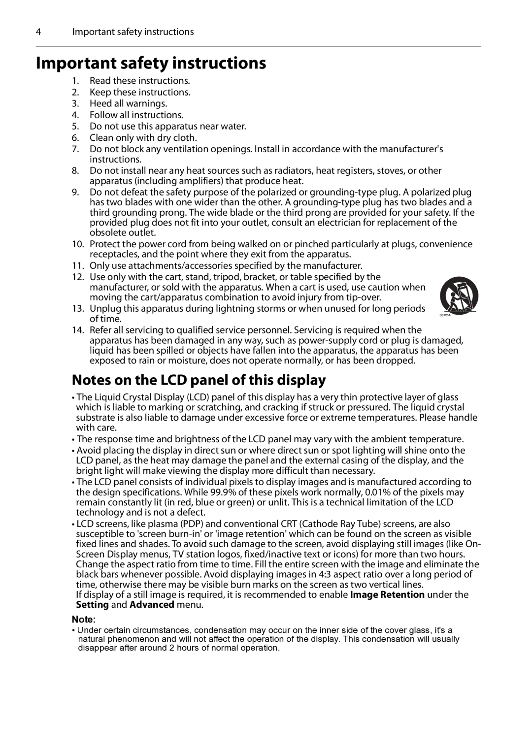 Planar PS4652/PS5552/PS6552 manual Important safety instructions 