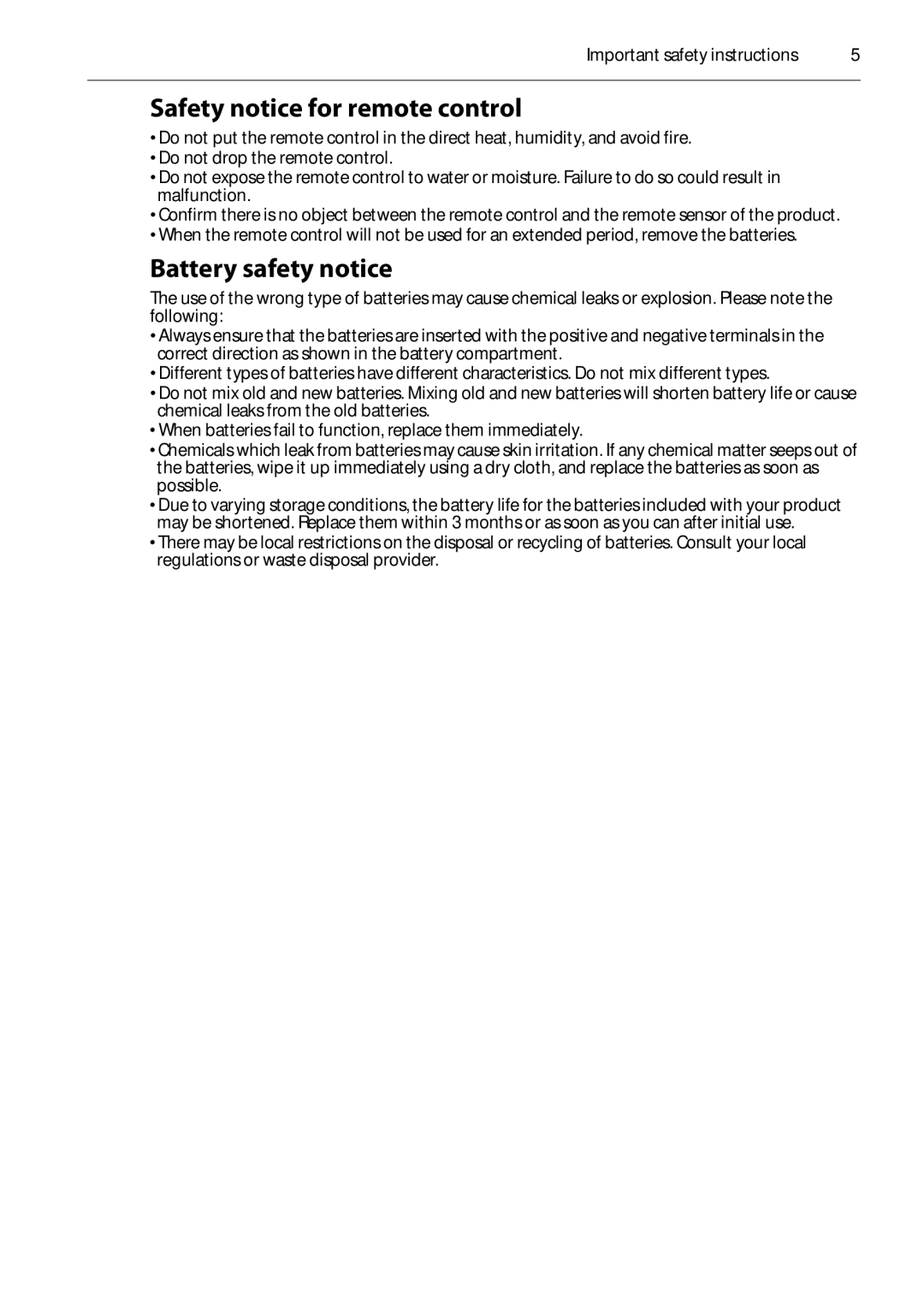 Planar PS4652/PS5552/PS6552 manual Safety notice for remote control, Battery safety notice 