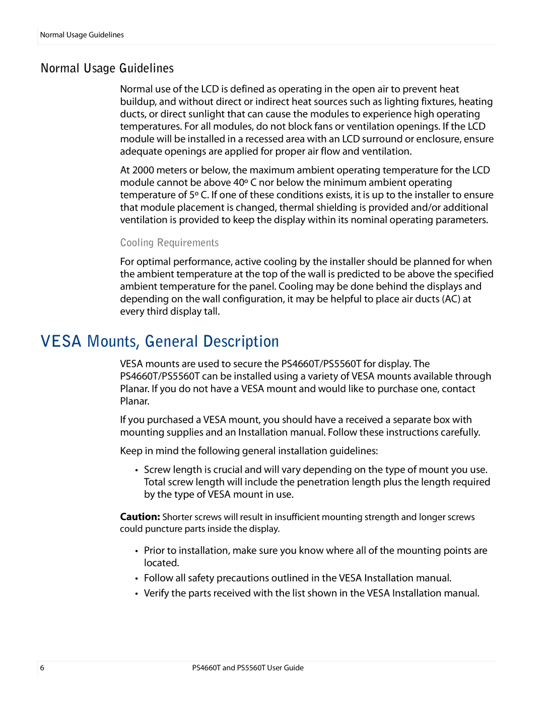 Planar PS4660T and PS5560T, PS466OT Vesa Mounts, General Description, Normal Usage Guidelines, Cooling Requirements 