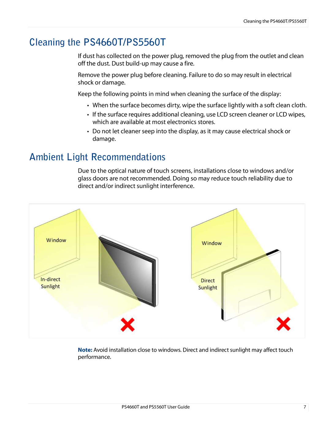 Planar PS466OT, PS4660T and PS5560T user manual Cleaning the PS4660T/PS5560T, Ambient Light Recommendations 