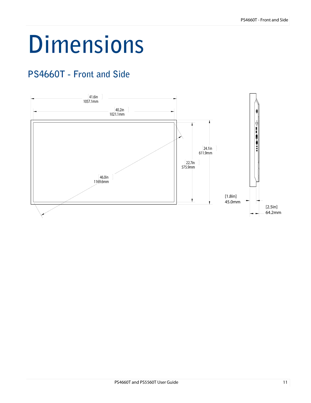 Planar PS466OT, PS4660T and PS5560T user manual Dimensions, PS4660T Front and Side 