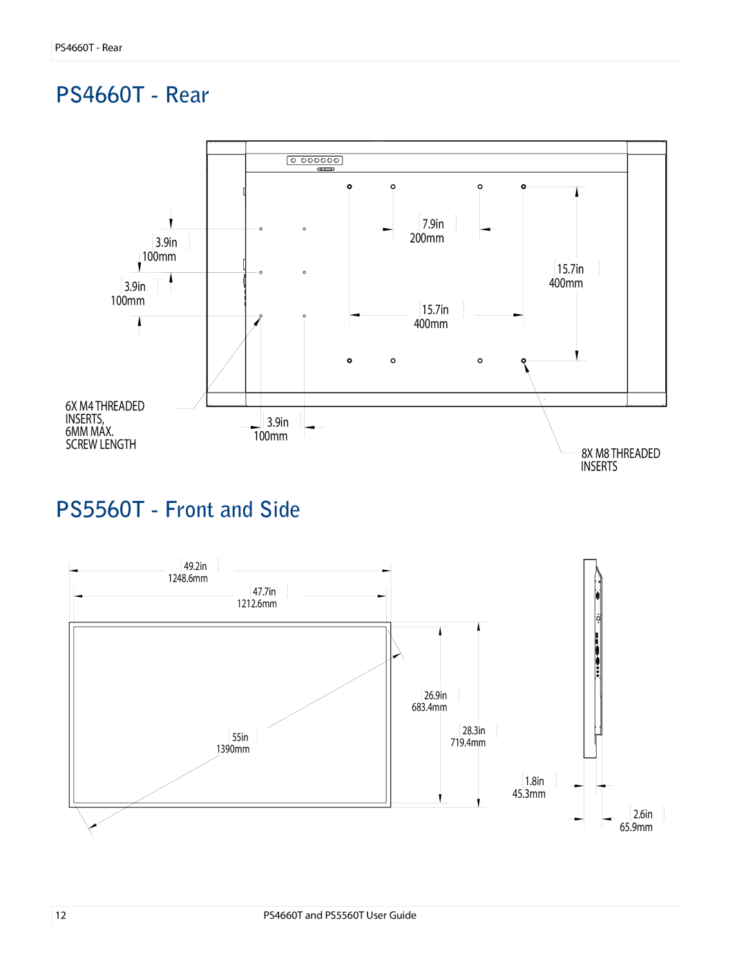 Planar PS4660T and PS5560T, PS466OT user manual PS4660T Rear, PS5560T Front and Side 