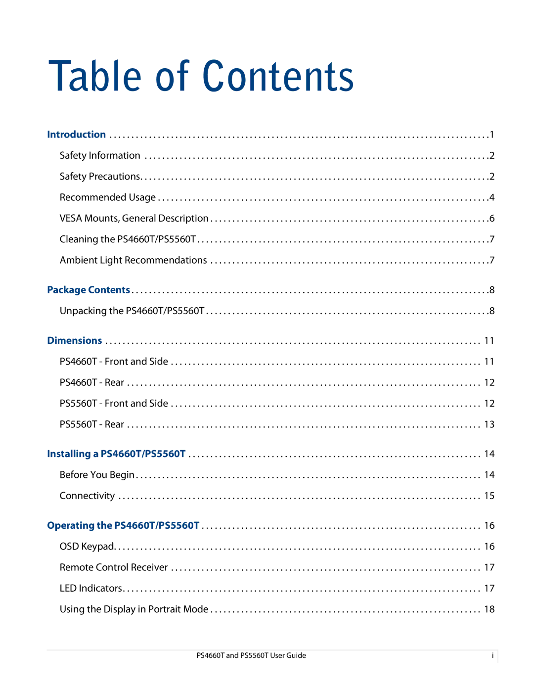 Planar PS466OT, PS4660T and PS5560T user manual Table of Contents 