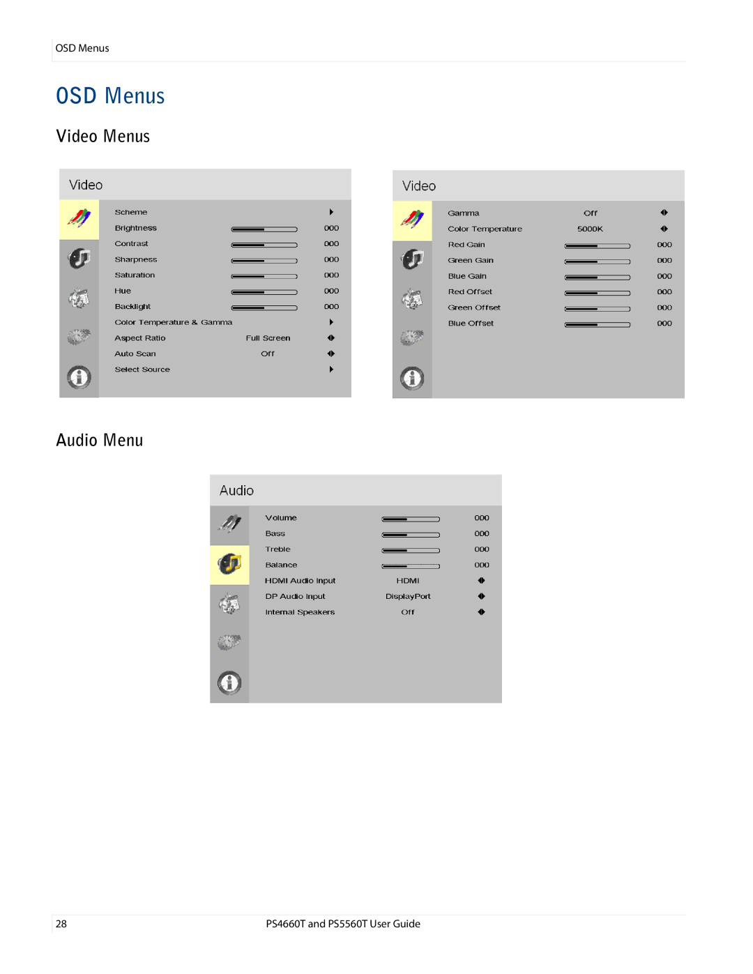 Planar PS4660T and PS5560T, PS466OT user manual OSD Menus, Video Menus Audio Menu 