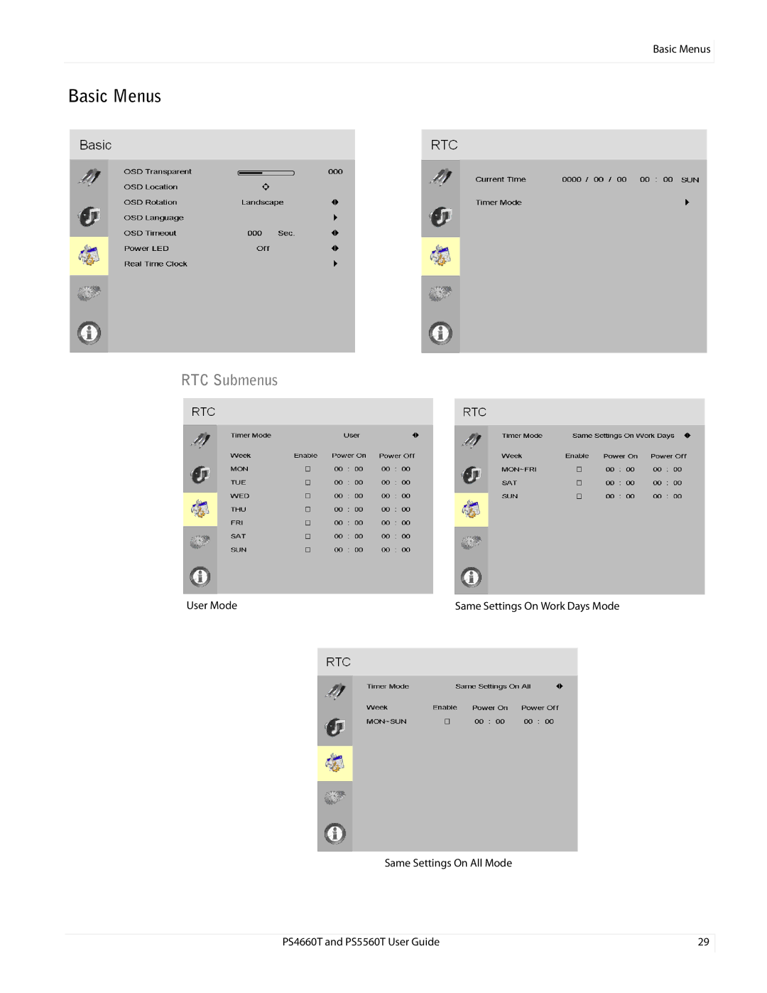 Planar PS466OT, PS4660T and PS5560T user manual Basic Menus, RTC Submenus 