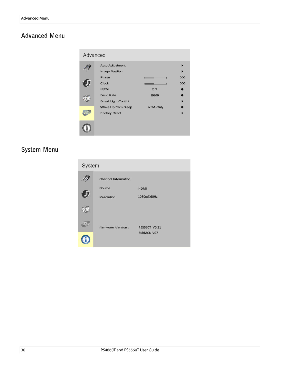 Planar PS4660T and PS5560T, PS466OT user manual Advanced Menu System Menu 