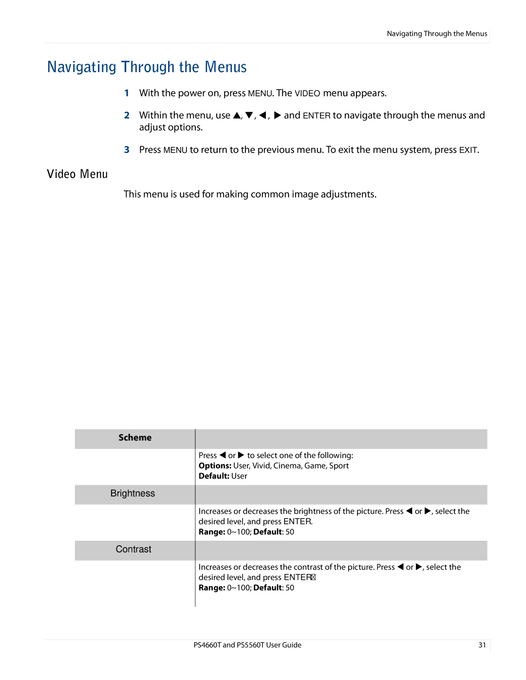 Planar PS466OT, PS4660T and PS5560T user manual Navigating Through the Menus, Video Menu, Scheme Brightness Contrast 