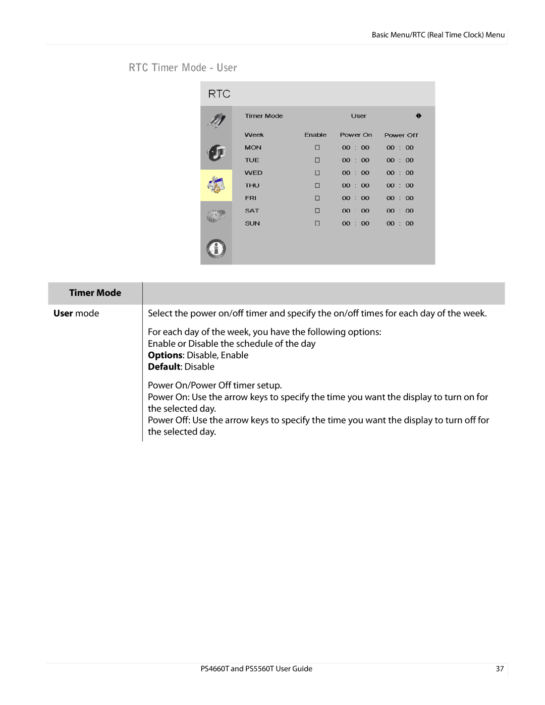 Planar PS466OT, PS4660T and PS5560T user manual RTC Timer Mode User, Timer Mode User mode 