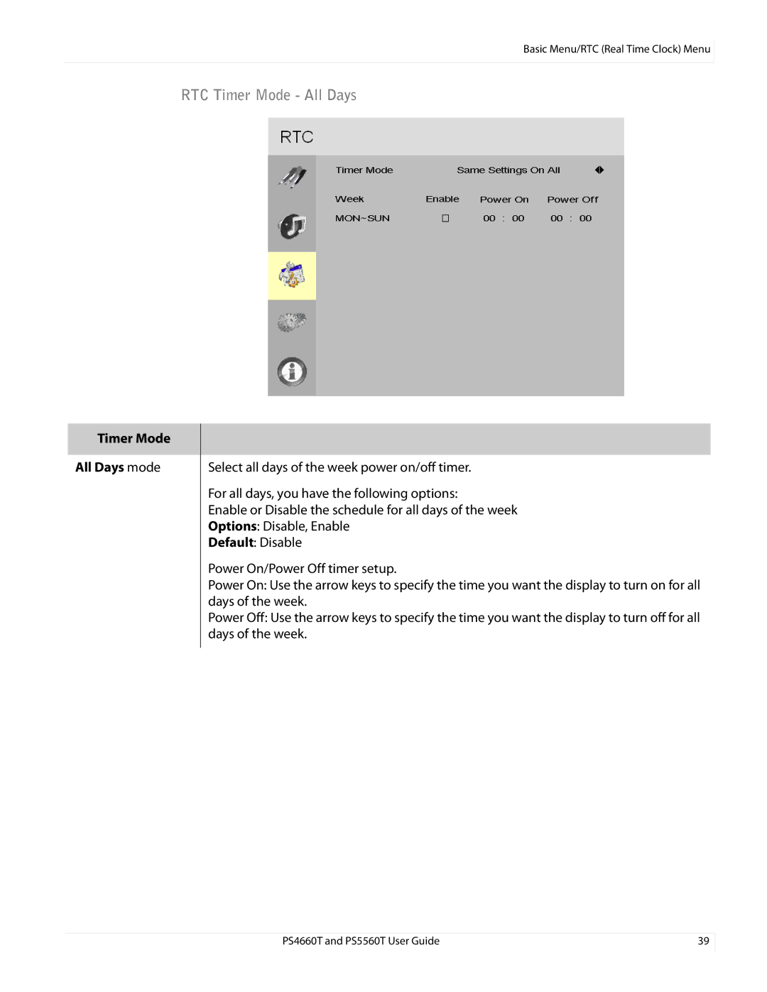 Planar PS466OT, PS4660T and PS5560T user manual RTC Timer Mode All Days, Timer Mode All Days mode 