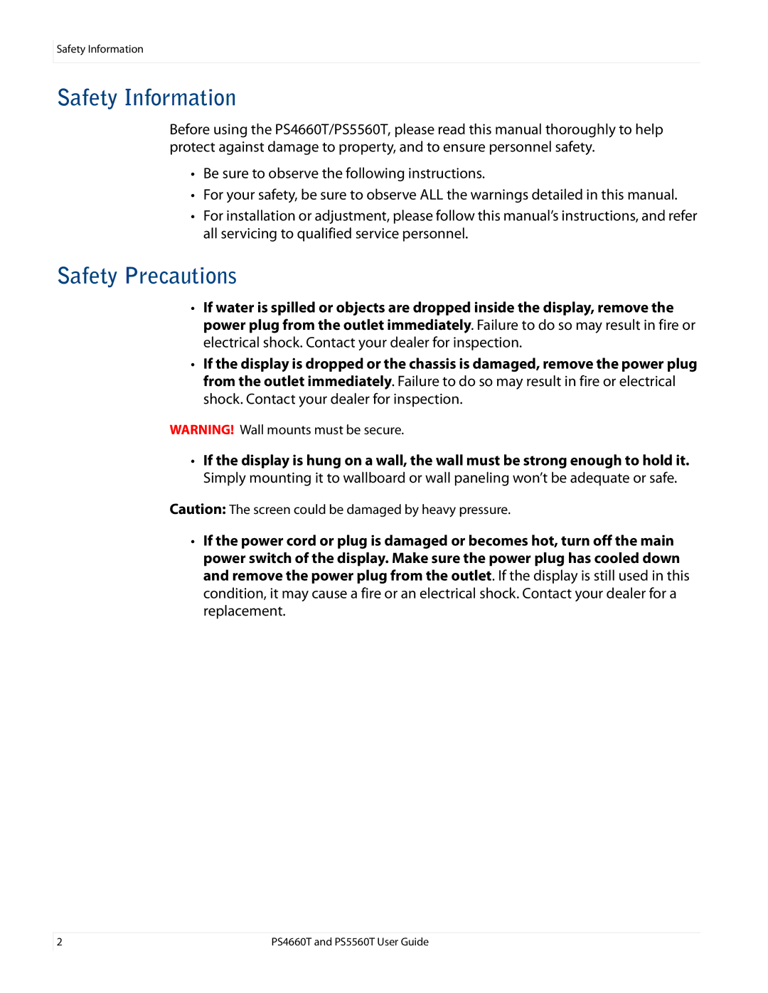 Planar PS4660T and PS5560T, PS466OT user manual Safety Information, Safety Precautions 