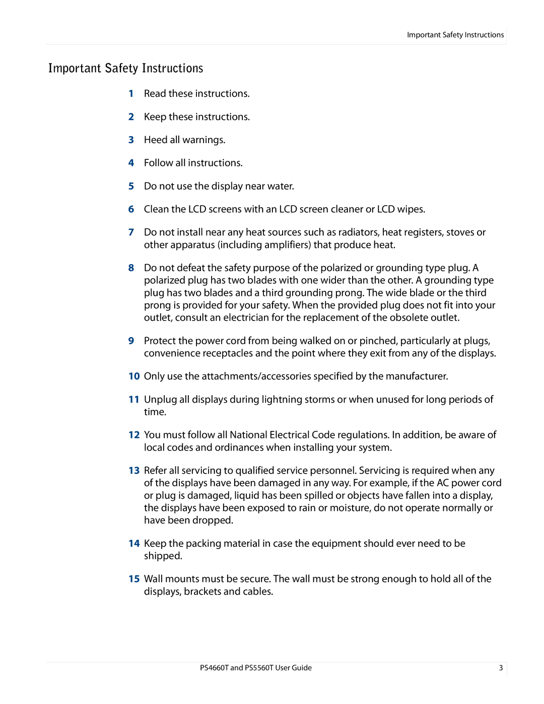 Planar PS466OT, PS4660T and PS5560T user manual Important Safety Instructions 