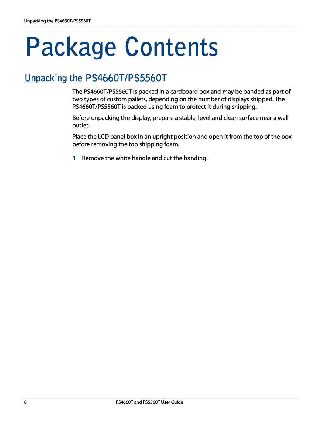 Planar PS4660T and PS5560T, PS466OT user manual Package Contents, Unpacking the PS4660T/PS5560T 