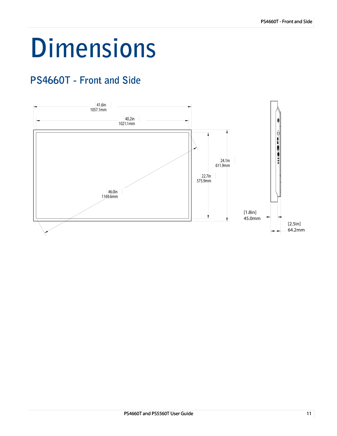 Planar PS466OT, PS4660T and PS5560T user manual Dimensions, PS4660T - Front and Side, 40.2in, 1021.1mm, 2.5in 64.22mm.4in 
