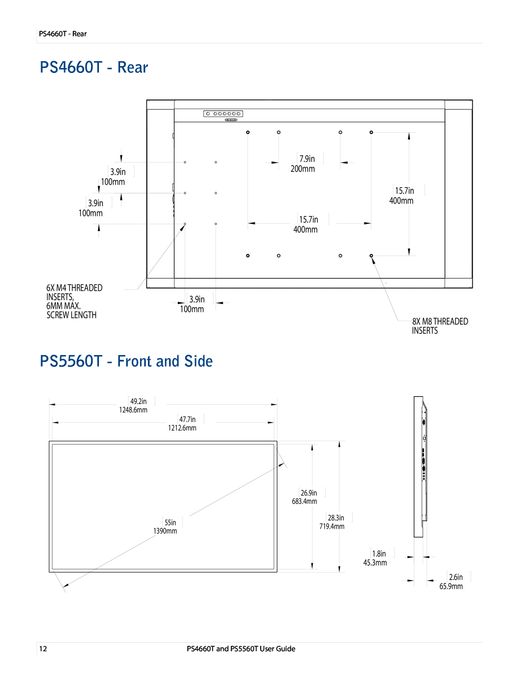 Planar PS4660T and PS5560T, PS466OT user manual PS4660T - Rear, PS5560T - Front and Side, 1.8in 45.3mm, 2.6in 65.9mm 