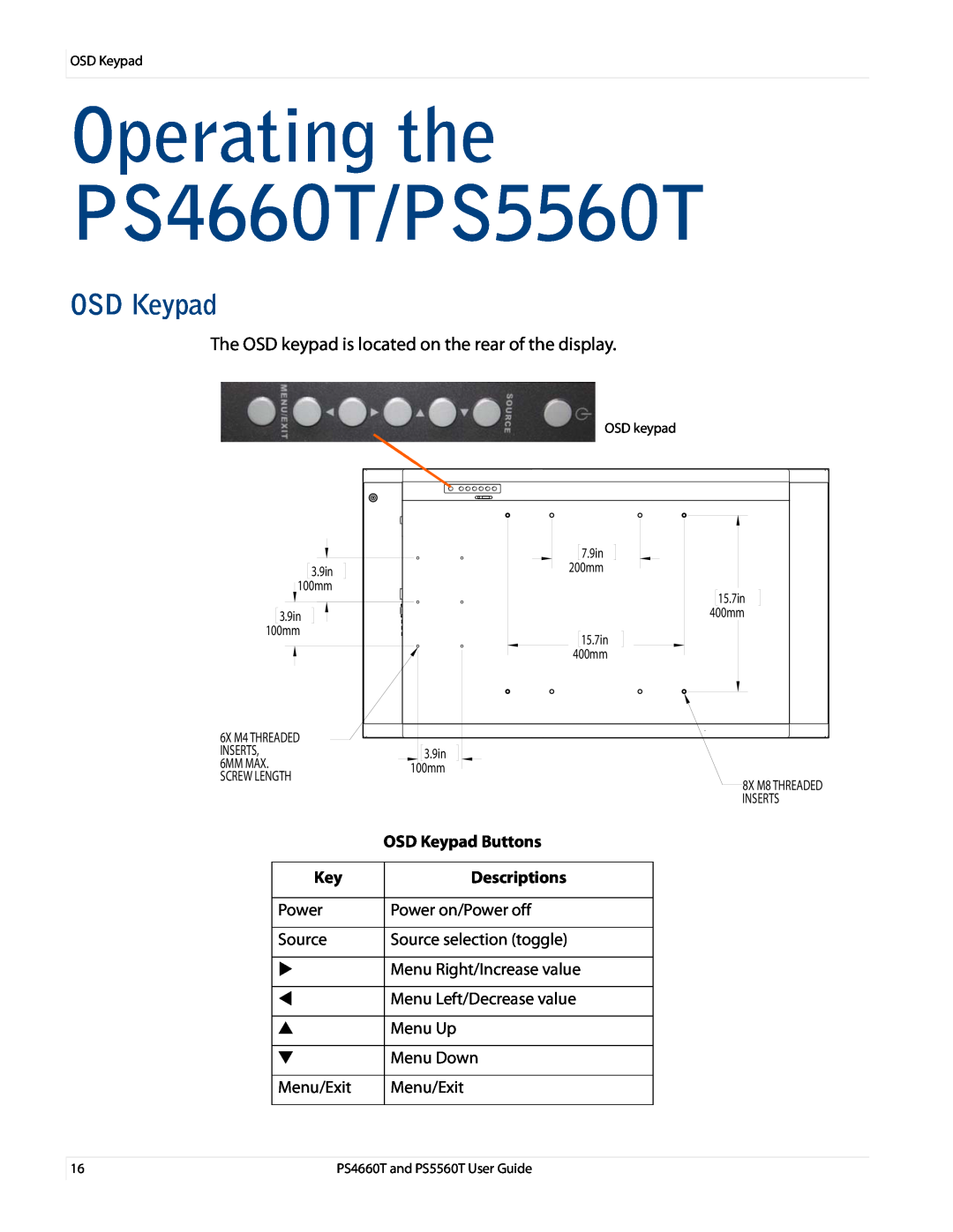 Planar PS4660T and PS5560T, PS466OT user manual Operating the PS4660T/PS5560T, OSD Keypad Buttons, Descriptions 