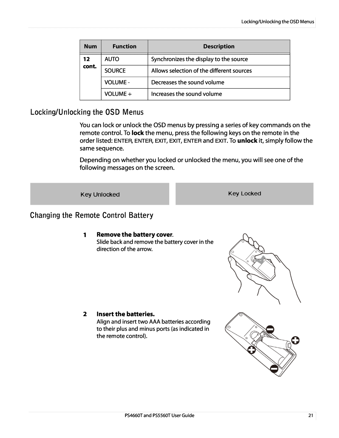 Planar PS466OT user manual Locking/Unlocking the OSD Menus, Changing the Remote Control Battery, Remove the battery cover 