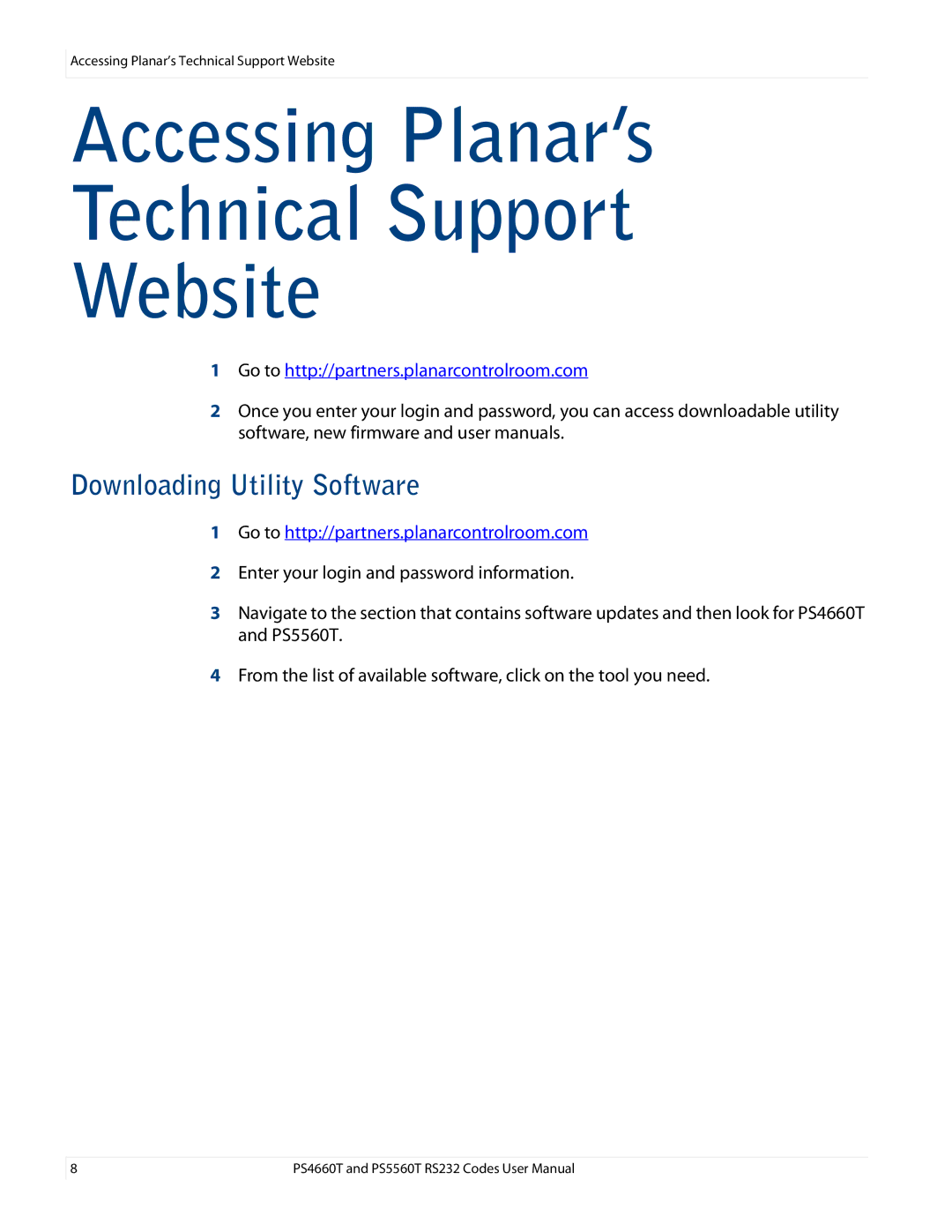 Planar RS232, PS4660T, PS5660T manual Accessing Planar’s Technical Support Website 