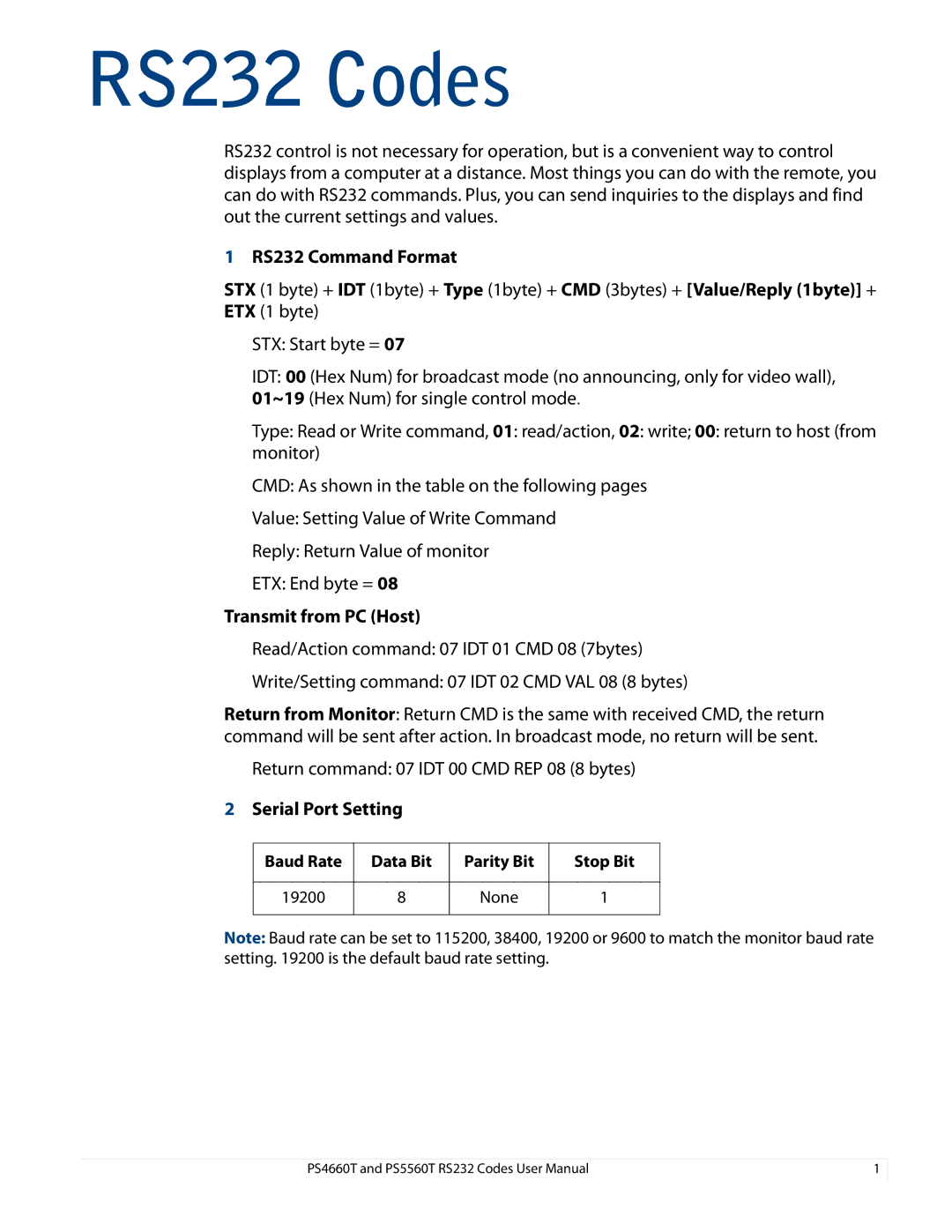 Planar PS4660T, PS5660T manual RS232 Command Format, Transmit from PC Host, Serial Port Setting 