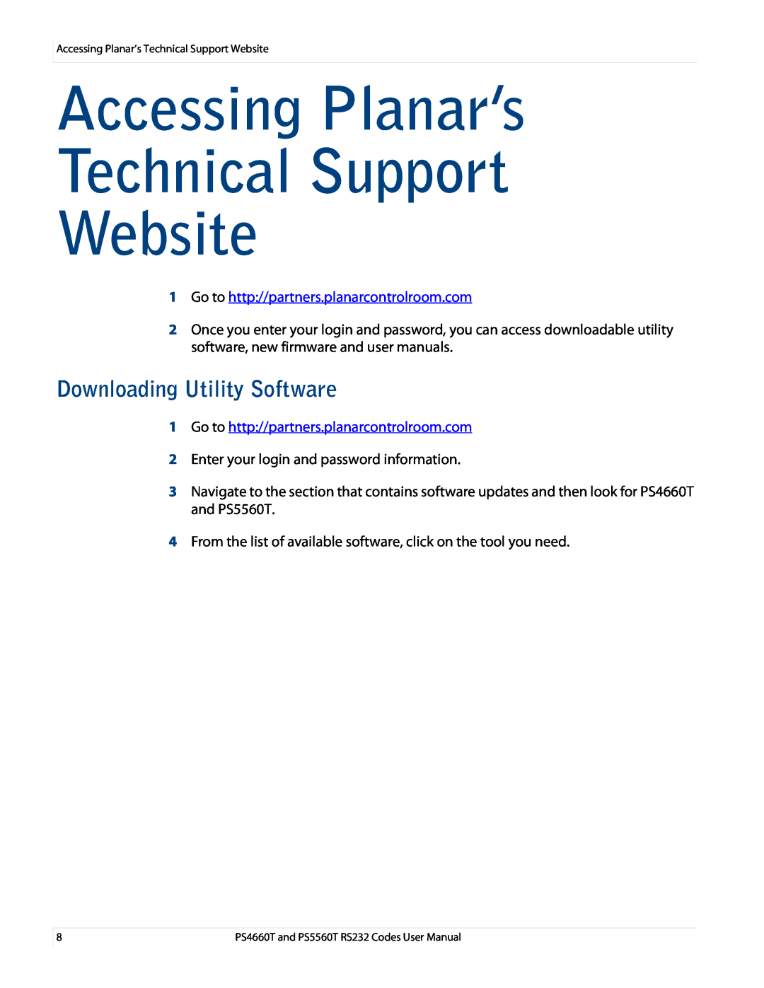 Planar RS232, PS4660T, PS5660T manual Accessing Planar’s Technical Support Website, Downloading Utility Software 