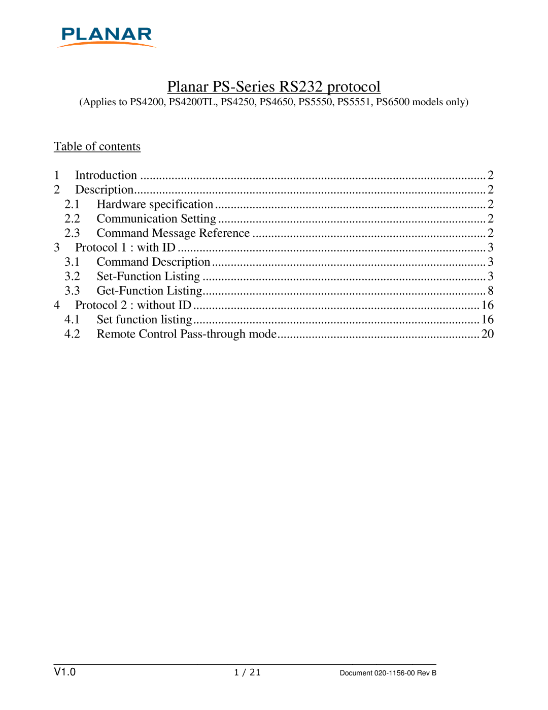 Planar PS6500, PS5550, PS5551, PS4200TL, PS4250, PS4650 manual Planar PS-Series RS232 protocol 