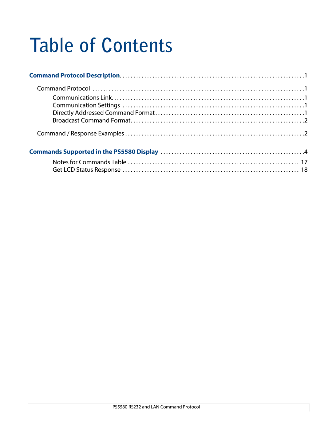 Planar PS5580, RS232, LAN Command Potocol manual Table of Contents 