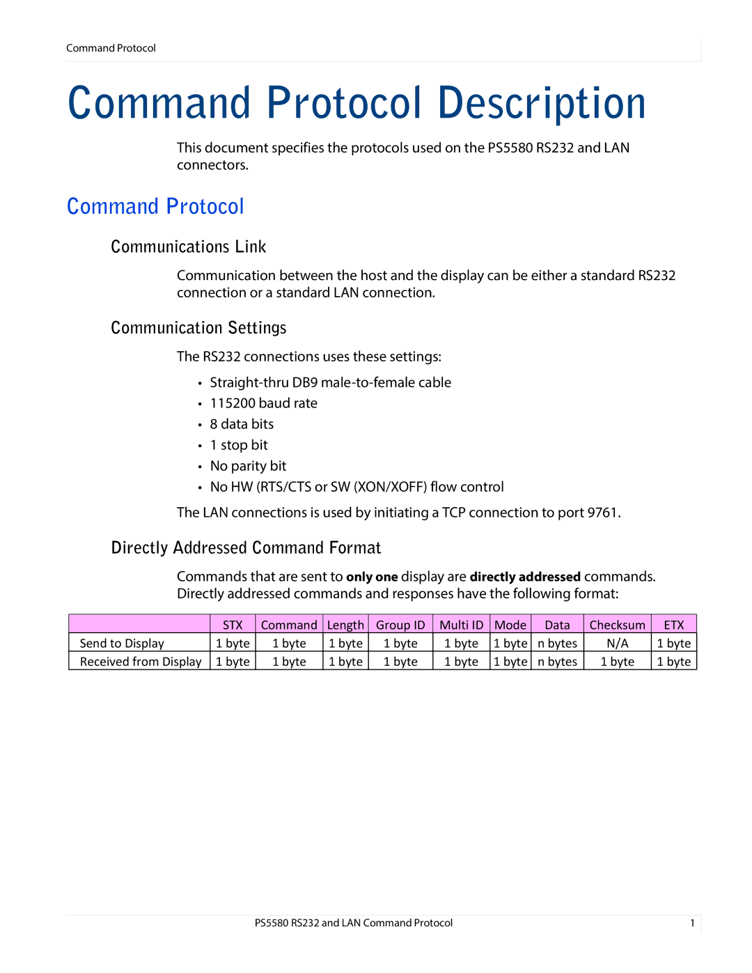 Planar RS232, PS5580, LAN Command Potocol manual Command Protocol Description 