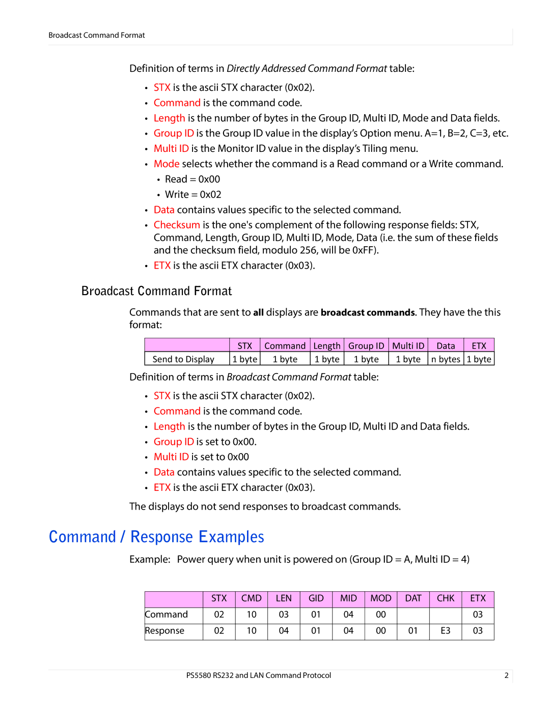 Planar LAN Command Potocol, PS5580, RS232 manual Command / Response Examples 