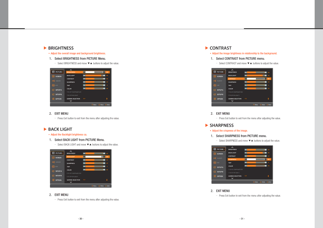 Planar PS5580 user manual Brightness, Contrast, Back Light, Sharpness 