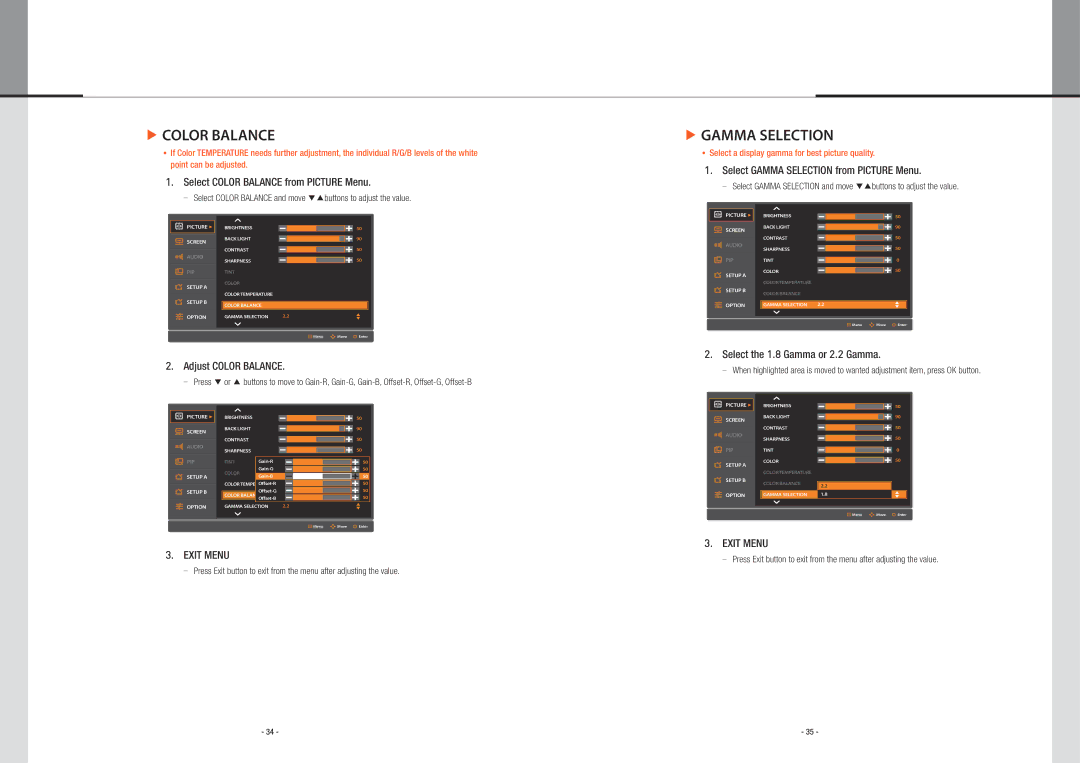 Planar PS5580 user manual Gamma Selection, Select Color Balance from Picture Menu, Adjust Color Balance 