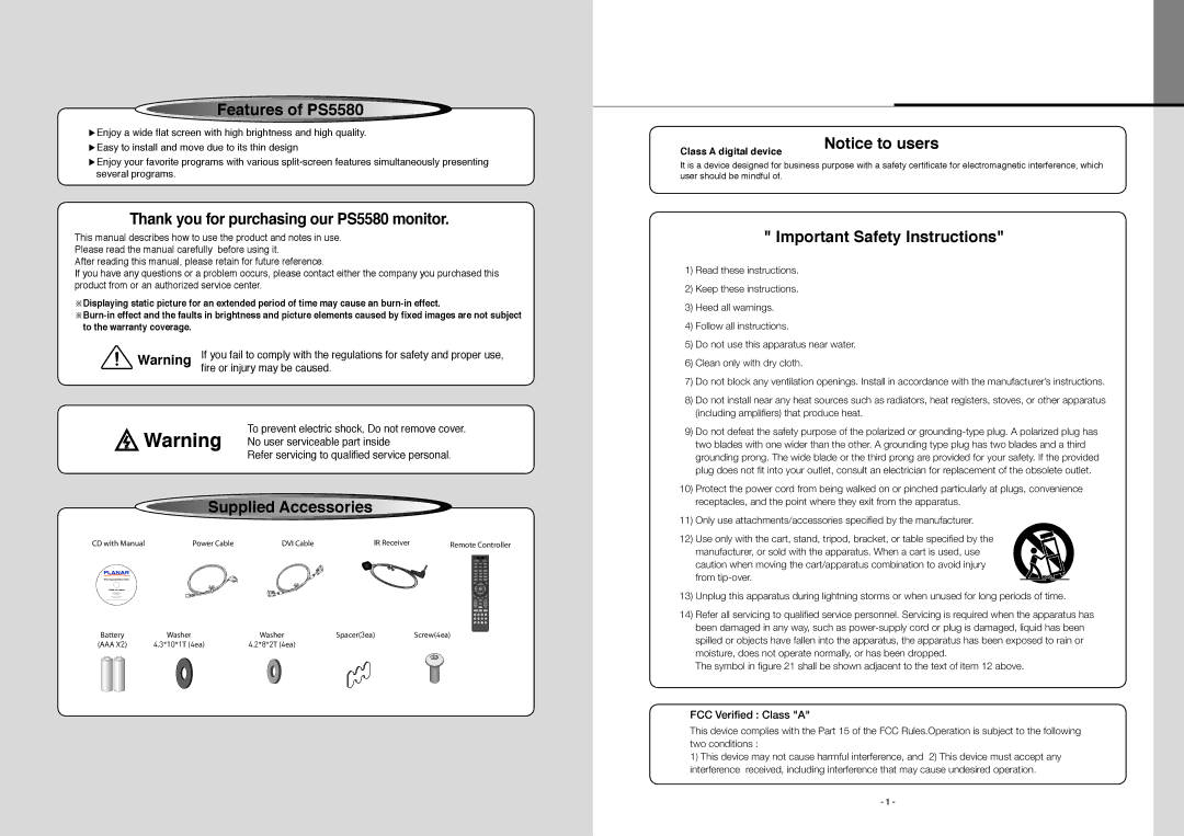 Planar PS5580 user manual Supplied Accessories 