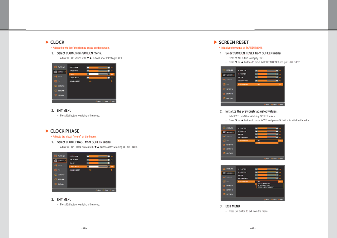 Planar PS5580 user manual Clock, Screen Reset 