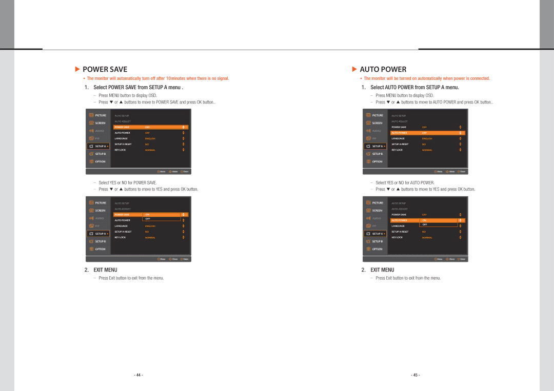 Planar PS5580 user manual Select Power Save from Setup a menu, Select Auto Power from Setup a menu 