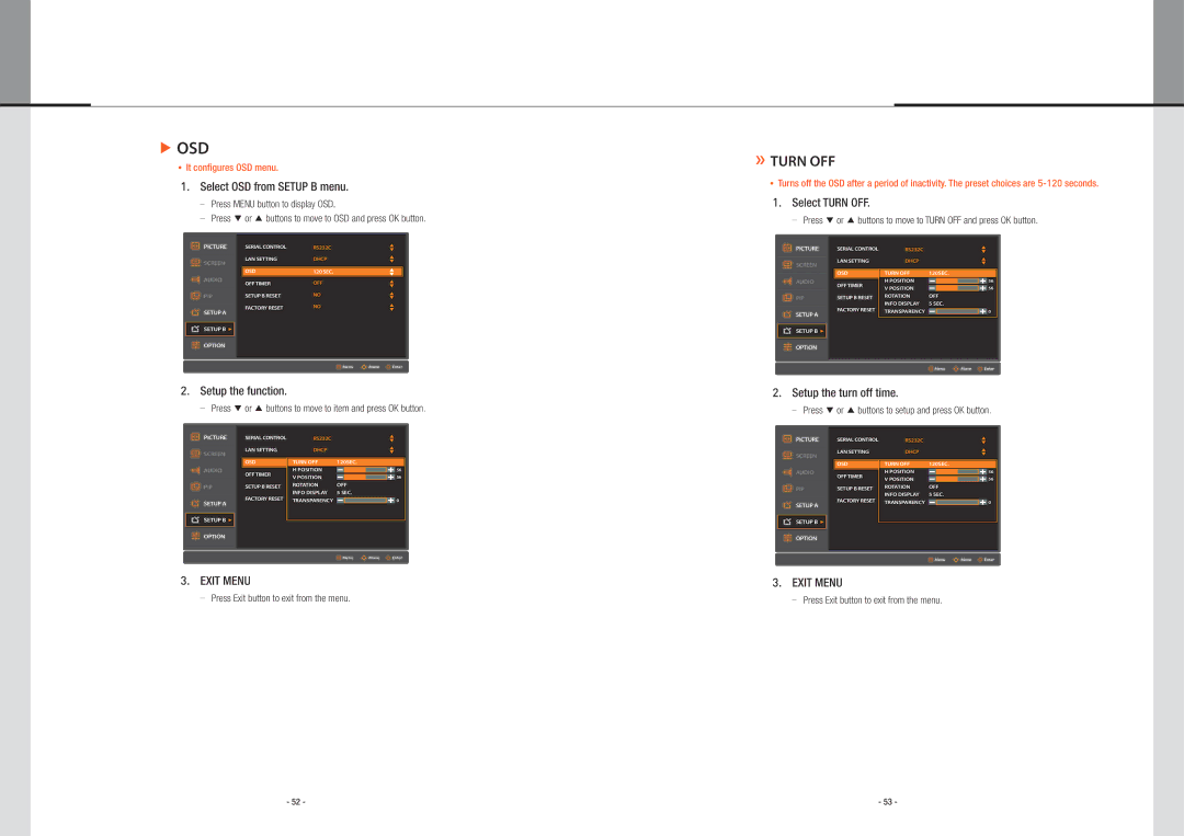 Planar PS5580 user manual Osd, Select OSD from Setup B menu, Select Turn OFF, Setup the function, Setup the turn off time 