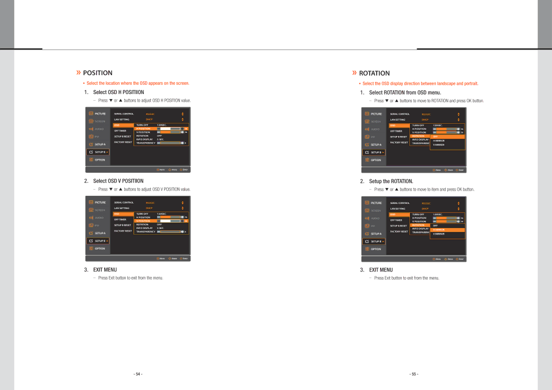 Planar PS5580 user manual Select OSD H Positiion, Select OSD V Positiion, Select Rotation from OSD menu, Setup the Rotation 