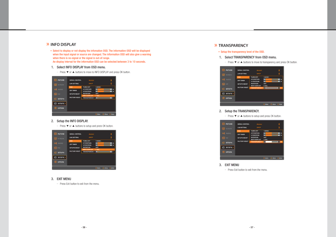 Planar PS5580 user manual Select Info Display from OSD menu, Setup the Info Display, Select Transparency from OSD menu 