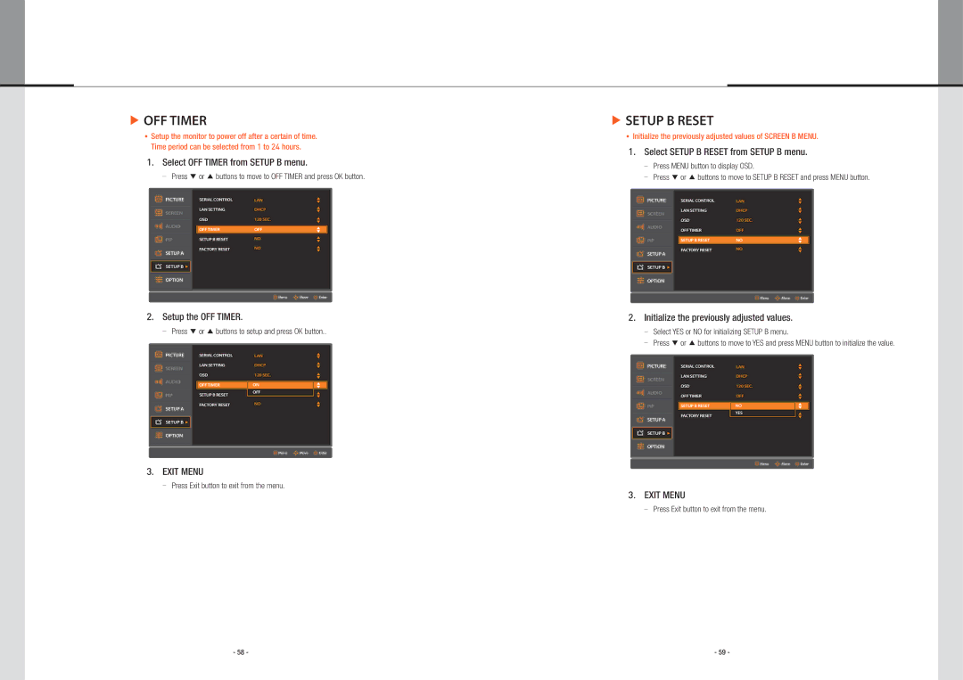 Planar PS5580 user manual Setup B Reset, Select OFF Timer from Setup B menu, Setup the OFF Timer 