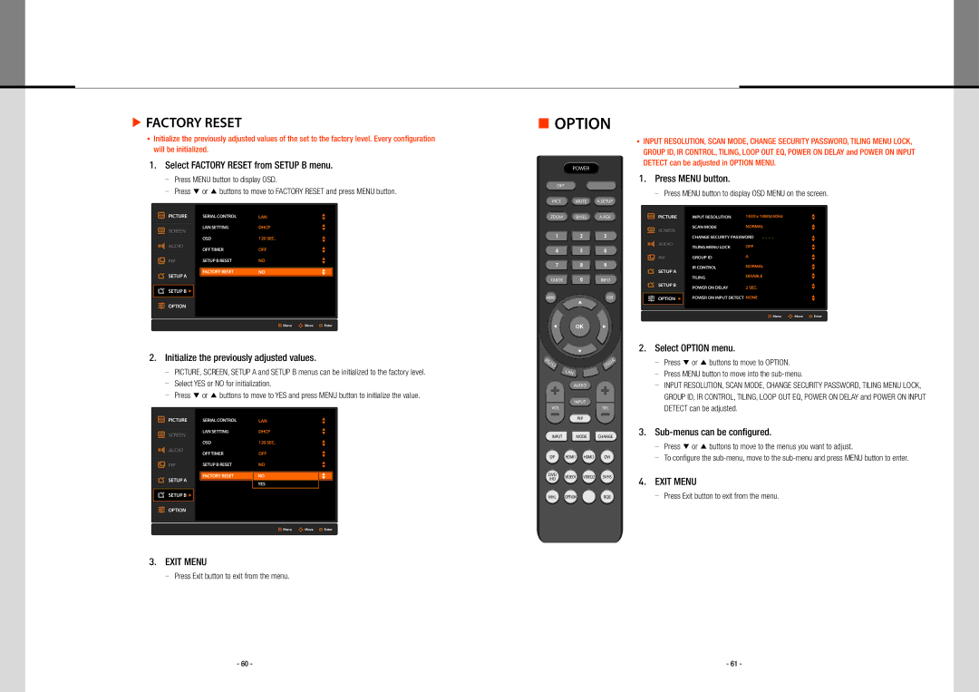 Planar PS5580 user manual Select Factory Reset from Setup B menu, Select Option menu, Sub-menus can be configured 