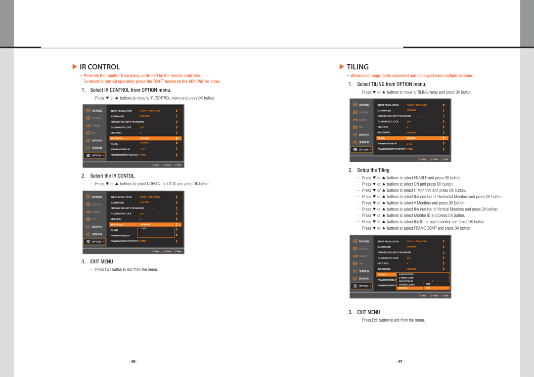 Planar PS5580 user manual Select IR Control from Option menu, Select Tiling from Option menu 