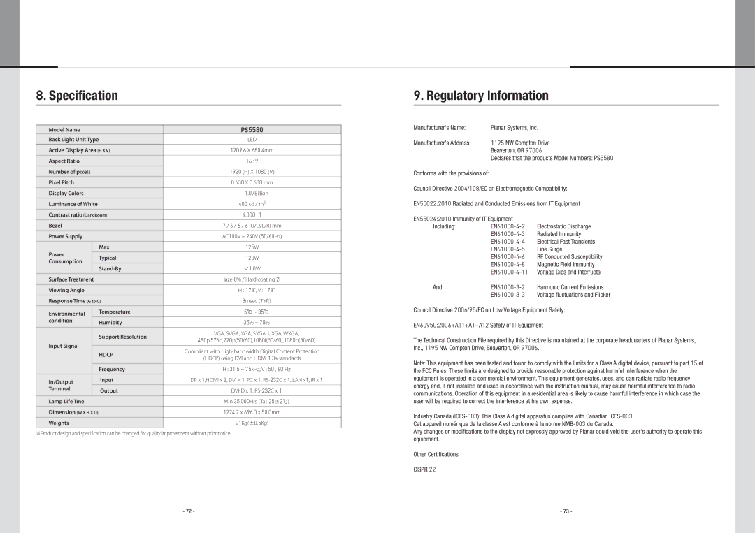 Planar PS5580 Specification, Regulatory Information, EN61000-4-8 Magnetic Field Immunity EN61000-4-11, EN61000-3-2 