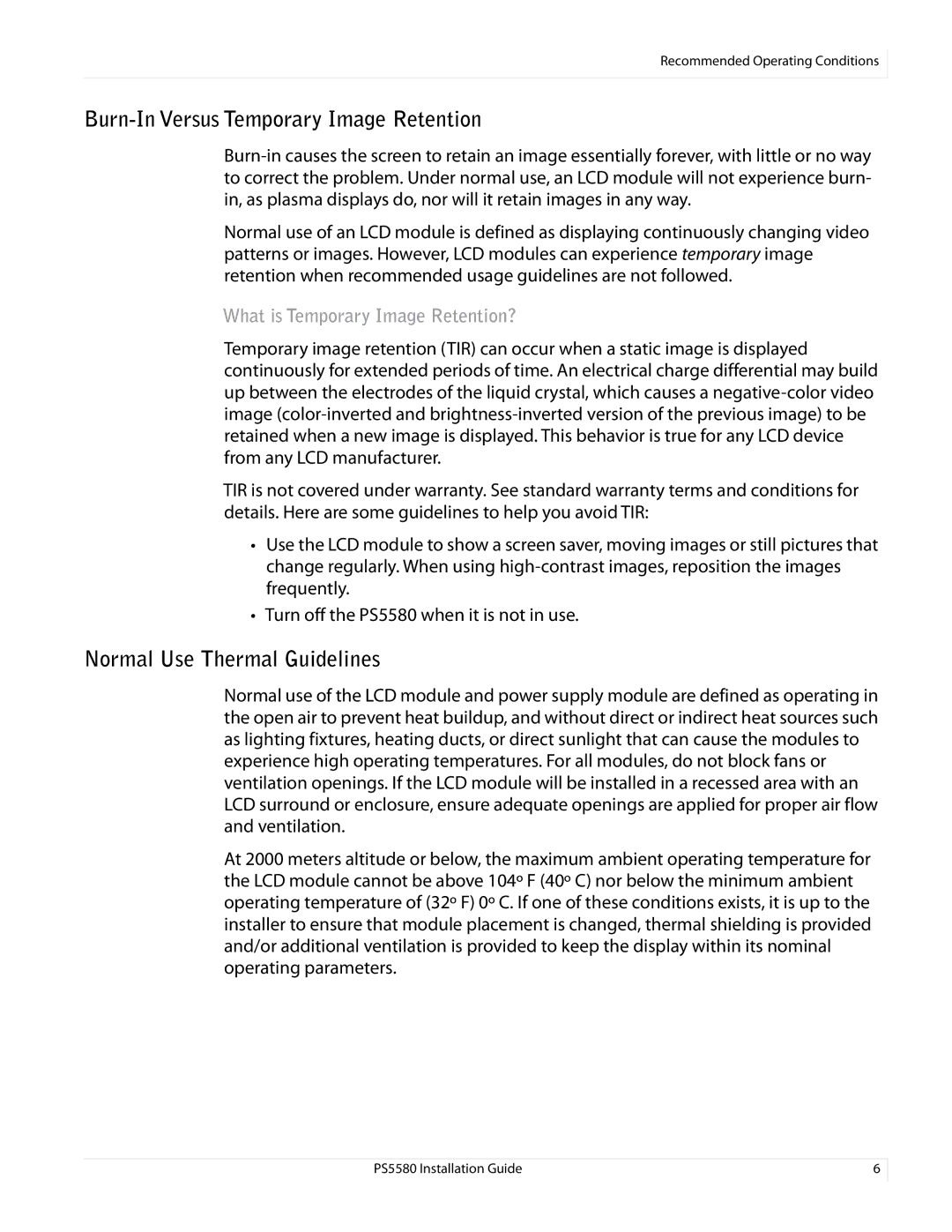 Planar PS5580 manual Burn-In Versus Temporary Image Retention, Normal Use Thermal Guidelines 