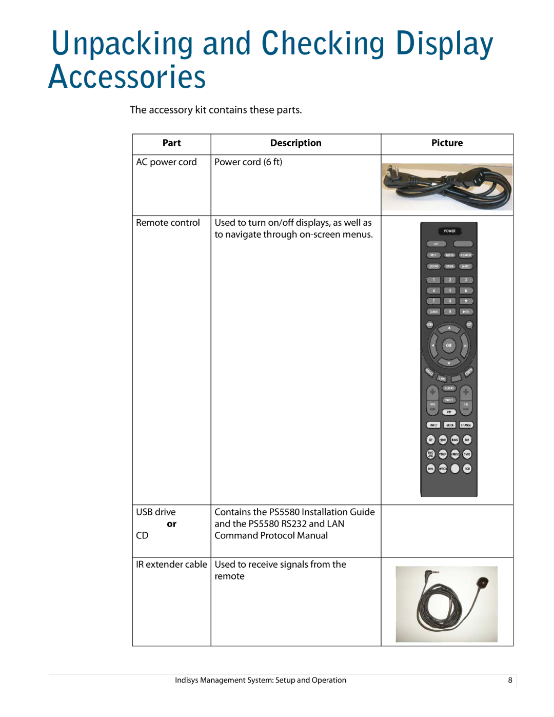 Planar PS5580 manual Unpacking and Checking Display Accessories, Part Description Picture 