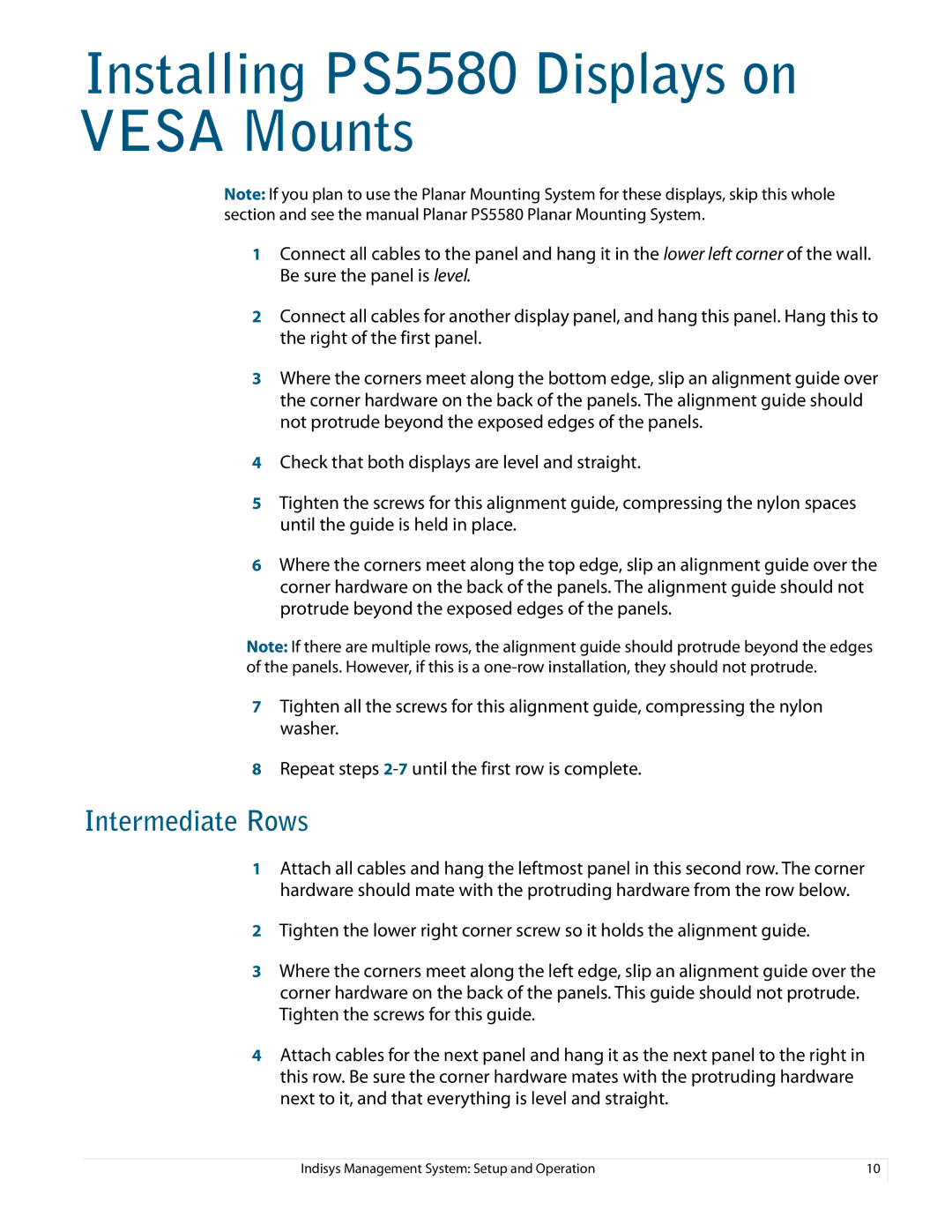 Planar manual Installing PS5580 Displays on Vesa Mounts, Intermediate Rows 